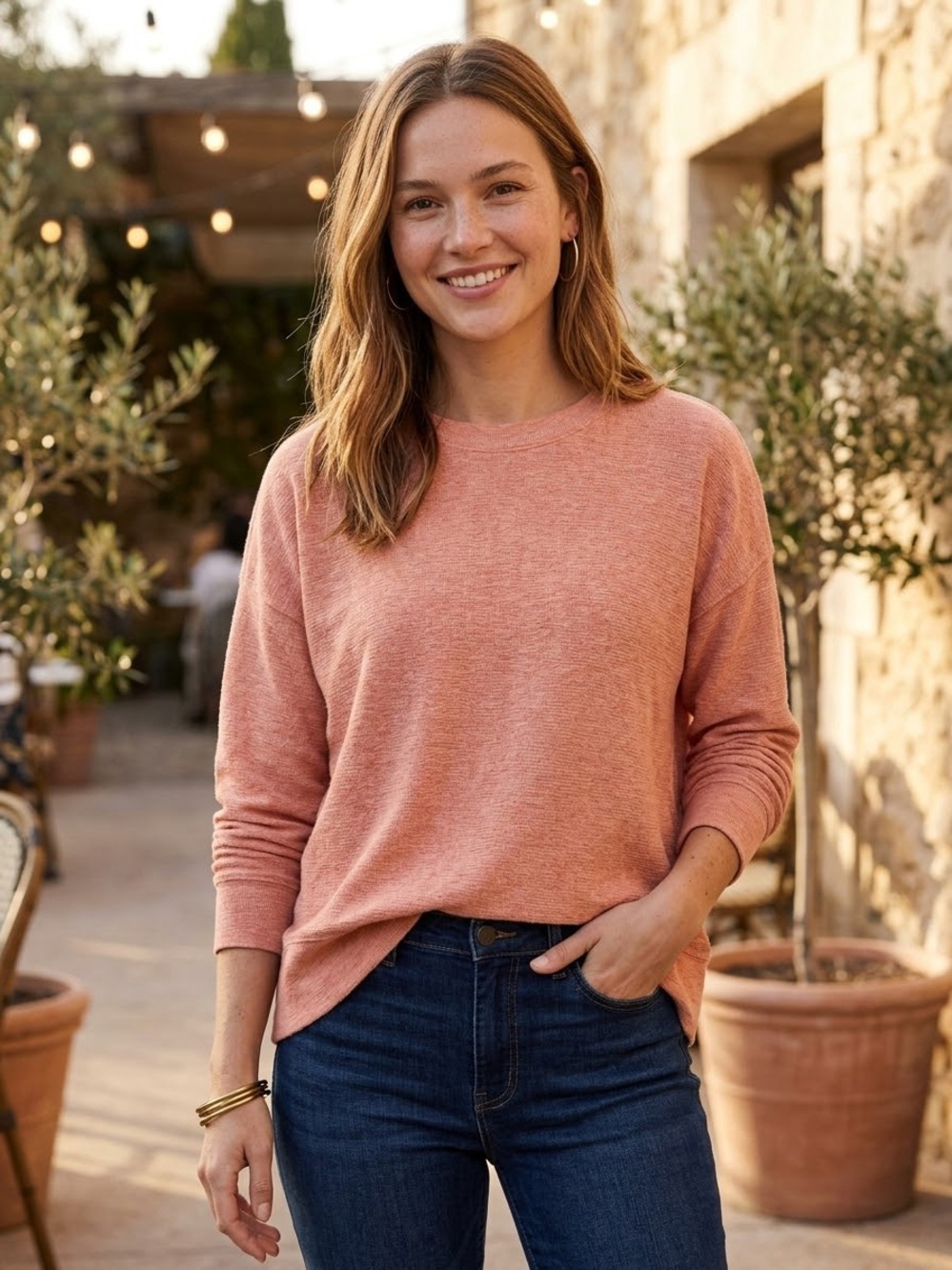 Aerie Textured Waffle Knit Top Women’s Sz M Peach Oversized High Low Hem 🍑